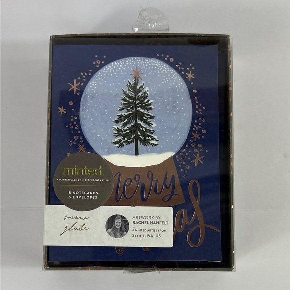 Minted 'Merry Christmas' Holiday Cards 8 Count Holiday Notecards Blue and Gold - Picture 1 of 6